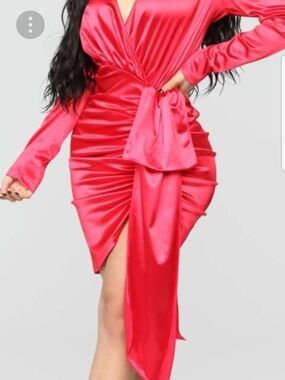 Fashion Nova Red Long Sleeve Satin Wrap Dress